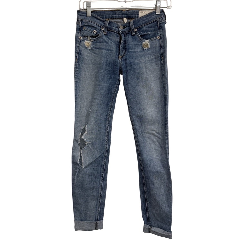 Rag Bone Jean Low Rise Skinny Jeans Medium Wash Distressed Ripped Womens Size 25